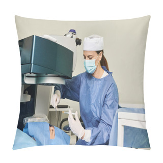 Personality  A Woman In A Surgical Gown Operates A Machine For Laser Vision Correction. Pillow Covers