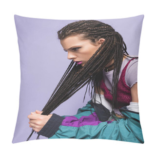 Personality  Young Woman In Vintage Clothes Touching Braided Dreadlocks Isolated On Purple Pillow Covers