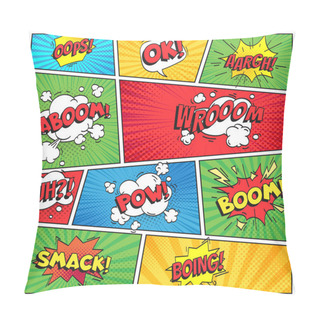 Personality  Comics Page. Comic Book Grid Frame, Funny Oops Bam Smack Text Speech Bubbles On Color Stripes Background Vector Layout Template Pillow Covers