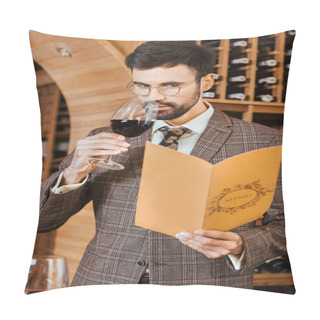 Personality  Handsome Young Sommelier With Menu Card Sniffing Wine From Glass At Wine Store Pillow Covers