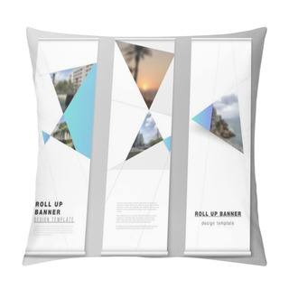 Personality  The Vector Layout Of Roll Up Banner Stands, Vertical Flyers, Flags Design Business Templates. Creative Modern Background With Blue Triangles And Triangular Shapes. Simple Design Decoration. Pillow Covers