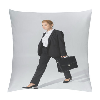 Personality  Full Length Of Confident Businesswoman Looking Ahead While Walking With Briefcase On Grey Background Pillow Covers