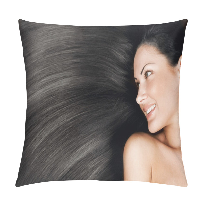 Personality  Close-up Portrait Of A Beautiful Young Woman With Elegant Long Shiny Hair, Conceptual Hairstyle Pillow Covers