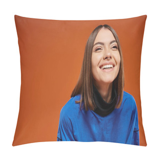 Personality  Happy Young Woman With Pierced Nose Looking Away And Smiling On Orange Backdrop, Blue Sweatshirt Pillow Covers