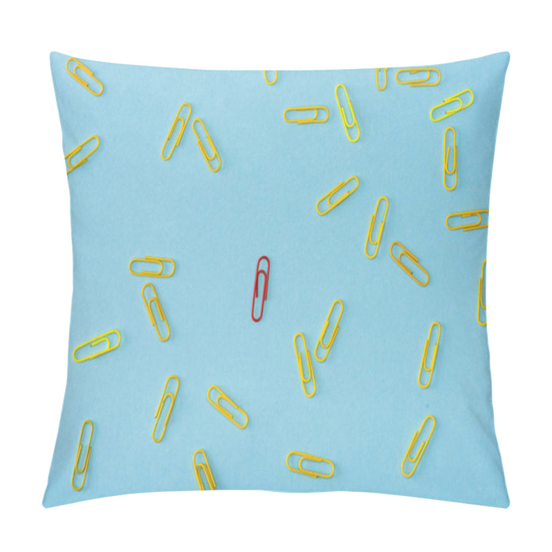 Personality  Top View Of Unique Red Paper Clip Among Yellow On Blue  Pillow Covers
