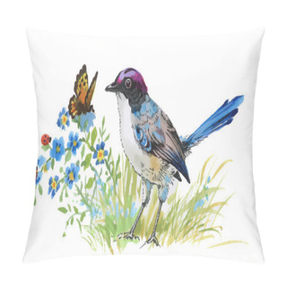 Personality  Watercolor Colorful Bird And Butterfly With Grass And Flowers. Pillow Covers