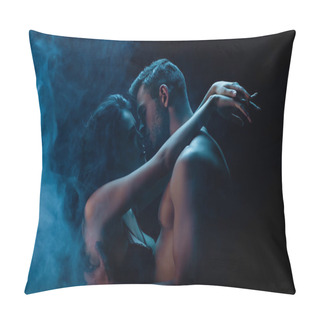 Personality  Sexy Man Kissing Girlfriend In Bra On Black Background With Smoke  Pillow Covers