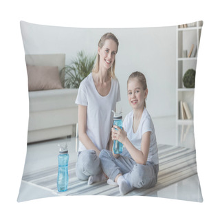 Personality  Mother And Daughter With Fitness Water Bottles Sitting On Yoga Mats Pillow Covers