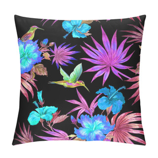 Personality  Seamless Watercolor Pattern Of Hummingbirds, Hibiscus And Palm Leaves. Pillow Covers