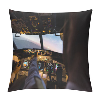 Personality  Back View Of Professionals Piloting Airplane Simulator In Evening  Pillow Covers