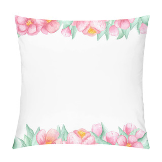 Personality  Illustration Watercolor Frame Top And Bottom Of Pink Peonies Roses And Green Leaves On A White Background. Pillow Covers