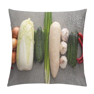 Personality  Top View Of Chili Peppers, Green Onions, Cucumbers, Daikon Radish, Chinese Cabbage, Onions And Garlic On Grey Concrete Background Pillow Covers