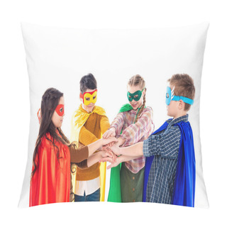 Personality  Kids In Superhero Costumes And Masks Stacking Hands Isolated On White Pillow Covers
