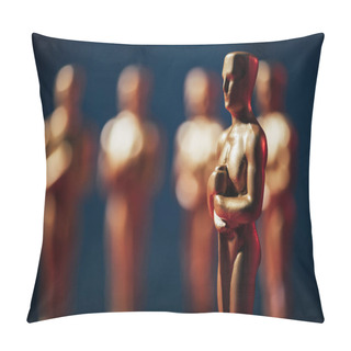 Personality  KYIV, UKRAINE - JANUARY 10, 2019: Selective Focus Of Hollywood Oscar Award On Dark Background With Copy Space Pillow Covers