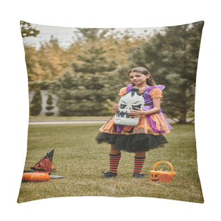 Personality  Girl In Halloween Costume Holding Diy Spooky Decoration Near Pumpkin, Pointed Hat And Candy Bucket Pillow Covers