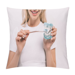 Personality  Cropped View Of Smiling Woman Brushing Jaw Model With Toothbrush Pillow Covers