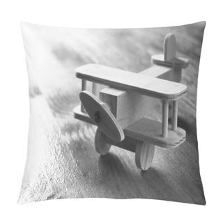 Personality  Wooden Airplane Toy Over Textured Wooden Background. Retro Style Image. Black And White Old Style Photo Pillow Covers