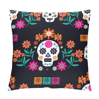 Personality  Mexican Seamless Pattern, Sugar Skulls And Colorful Flowers. Template  For Mexican Celebration, Traditional Mexico Skeleton Decoration. Dia De Los Muertos, Day Of The Dead .Vector Illustration. Pillow Covers