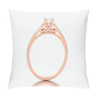Personality  3D Illustration Rose Gold Solitaire Wedding Diamond Ring With Heart Prongs On A Grey Background Pillow Covers