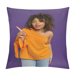 Personality  Beautiful African American Woman In An Orange Top Pointing At The Camera Against A Vibrant Backdrop. Pillow Covers