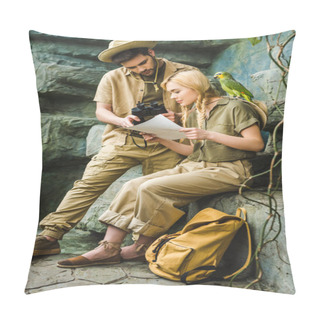 Personality  Active Young Couple In Safari Suits With Parrot Hiking Together Pillow Covers