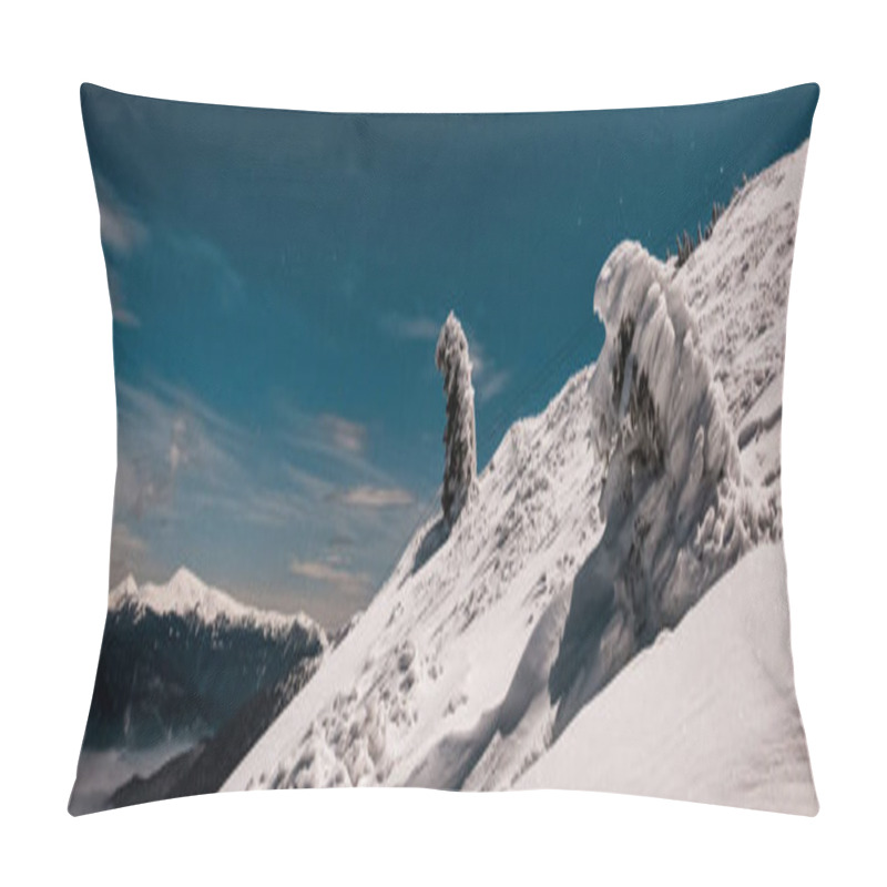 Personality  Scenic View Of Snowy Mountain With Pine Trees And White Fluffy Clouds In Dark Sky In Evening, Panoramic Shot Pillow Covers
