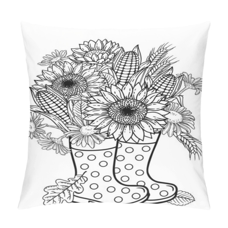 Personality  Vector coloring book page for adults. A bouquet of chamomiles, corn, sunflowers, stands in rubber boots instead of a vase. Black and white illustration pillow covers