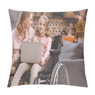 Personality  Happy Mother Looking At Cute Little Daughter Sitting In Wheelchair And Using Laptop At Home Pillow Covers