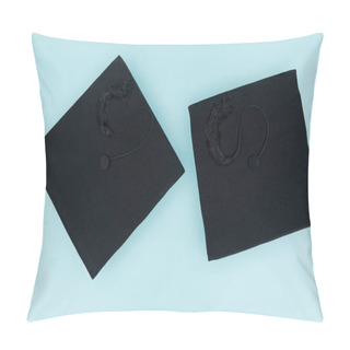 Personality  Top View Of Black Academic Caps Isolated On Blue Pillow Covers