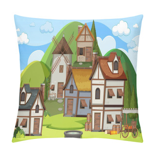 Personality  Medieval Town Scene With Villagers Illustration Pillow Covers