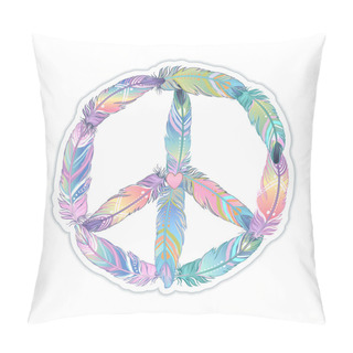 Personality  Peace Sign Made Of Colored Bird Feathers. Hippie Symbol. Sixties Boho Style. Tribal Native American Indians Motifs. Design For T-shirt. Vector Illustration. Pillow Covers