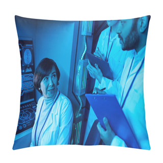 Personality  Futuristic Vision: Female Scientist Near Computer In Science Center Of Tomorrow Pillow Covers