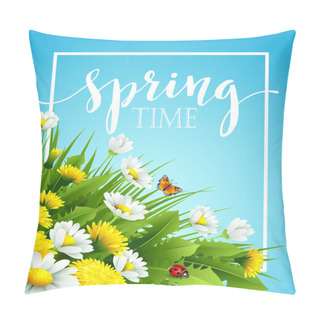 Personality  Fresh Spring Background With Grass, Dandelions And Daisies. Vector Illustration Pillow Covers