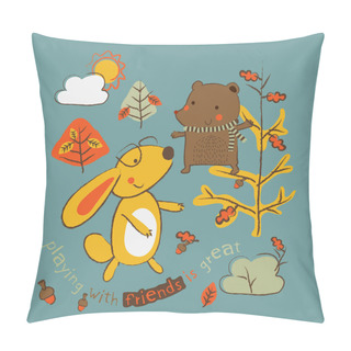 Personality  Two Little Animals Are Playing In The Forest / Editable Vector Artwork Design For Kids And Babies / T-shirt Graphics / Cute Cartoon Characters / Cute Graphics For Kids / Textile Graphic. Pillow Covers