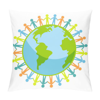 Personality  People Around Earth Icon. Group Of People Around Globe Isolated On White Background. Vector Stock Pillow Covers