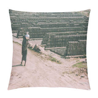 Personality  Poor Barefoot Person Carrying Pitcher On Shoulder And Outdoor Warehouse Of Bricks Around In Nepal Pillow Covers