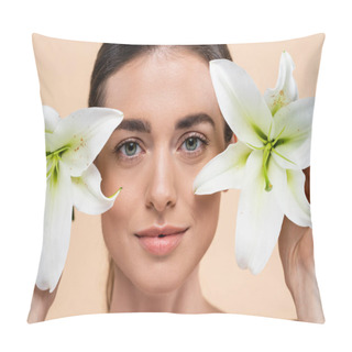 Personality  Portrait Of Brunette Woman With White Lily Flowers Isolated On Beige, Beauty Concept Pillow Covers