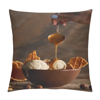 Personality  Cropped View Of Woman Pouring Caramel On Delicious Ice Cream With Pieces Of Waffle Pillow Covers