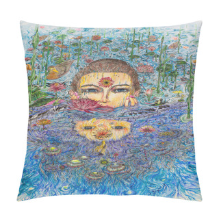 Personality  An Asian Female Expressing Silence, With Her Lips And Ears Underwater, A Piano Wave With Ballet Dancers, Music Notes Between Water Ripples, Sealife And Spiritual Lotus Flowers Pillow Covers