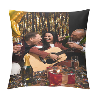 Personality  Interracial Mature Friends With Champagne Playing Acoustic Guitar Near Present And Confetti On Black Background  Pillow Covers