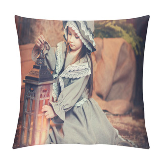 Personality  Beautiful Girl In Retro Dress With A Lantern In Her Hands. Retro Picture Pillow Covers