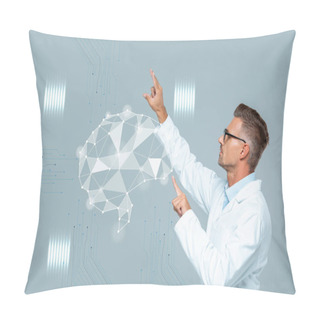 Personality  Side View Of Handsome Scientist In Glasses Moving Brain Interface Isolated On Grey, Artificial Intelligence Concept Pillow Covers