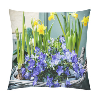 Personality  Bluebells And Yellow Daffodils In The Wicker Basket, Symbol Of S Pillow Covers