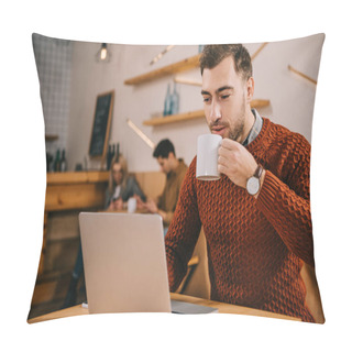 Personality  Handsome Man Drinking Coffee And Looking At Laptop In Cafe Pillow Covers