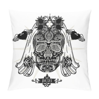 Personality  Hand Drawn Ornamental Decorated Bride Skull, Sugar Skull With Veil, T-shirt Design Concept, Tattoo Sketch, Vector Illustration Pillow Covers