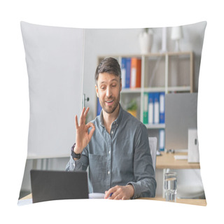 Personality  Online Tutoring Concept. Happy Mature Male Tutor Giving Lesson On Web Using Laptop, Showing Okay Gesture Pillow Covers