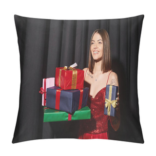 Personality  Attractive Woman In Red Festive Dress Smiling And Holding Presents In Hands, Holiday Gifts Concept Pillow Covers
