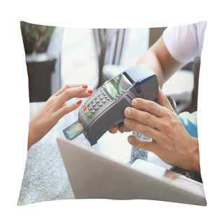 Personality  Young Woman Paying By Credit Card In Cafe, Closeup Pillow Covers