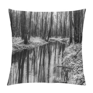 Personality  Picturesque Spring Forest And River. Black-white Photo. Pillow Covers