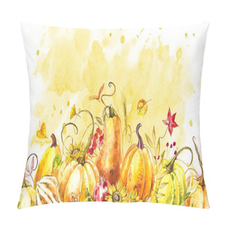 Personality  Pumpkins Composition. Hand Drawn Watercolor Painting On White Background. Watercolor Illustration With A Splash. Happy Thanksgiving Pumpkin. Pillow Covers